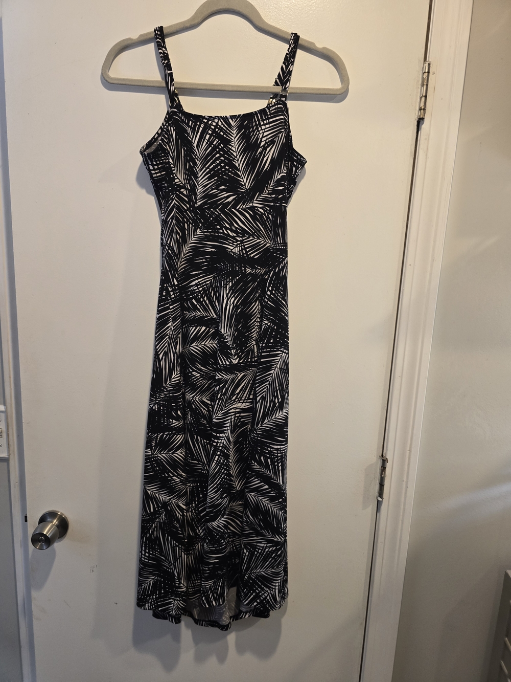 MICHAEL Michael Kors Black and White Palm-Print Maxi Dress with Spaghetti Straps